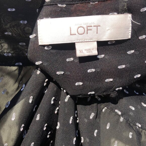 Ann Taylor LOFT XL Black Blouse Button Down Top Sheer Pocket Swiss Dot White - Picture 6 of 7